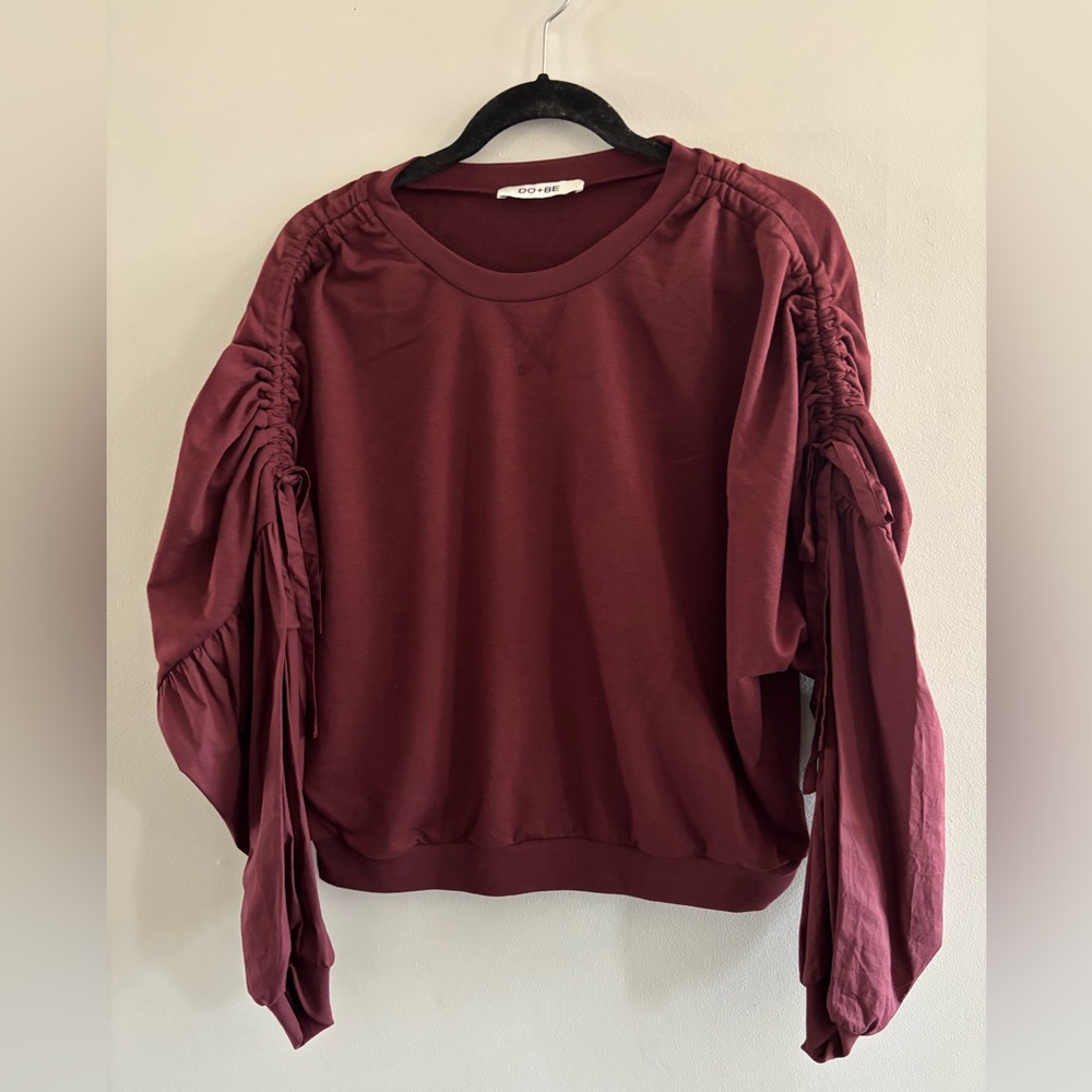 Do+Be Burgundy Ruched-Sleeve Pullover Knit Cotton Cropped Oversized Top Medium